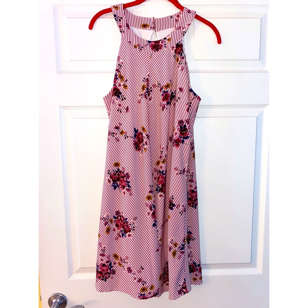 Pink and white floral/striped tank minidress